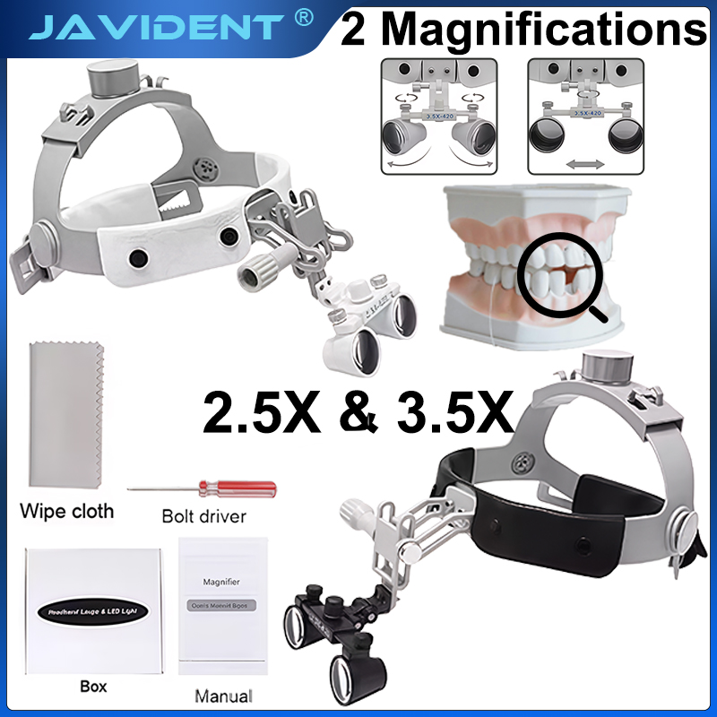 Magnifier With Light - Лампа-налобник JAVIDENT белого/черного цвета, легкая, с